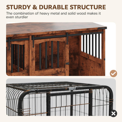 Homiflex 72" Double Dog Crate Furniture for 2 Medium Large Dogs Wooden Heavy Duty Dog Kennel Furniture with 2 Sliding Doors and Divider Decorative Dog Cage TV Stand End Table for Indoor, Brown