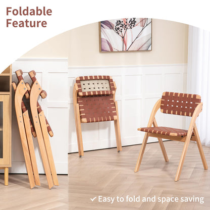 HOMEFUN Folding Dining Chairs Set of 2, Wooden Foldable Chair with Leather-Woven Backrest and Widened Seat Extra for Guests Kitchen Office Wedding Picnic Brown