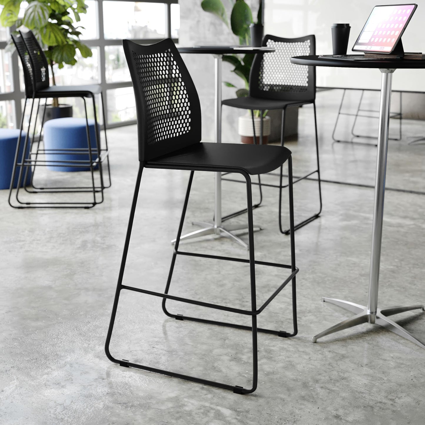 Flash Furniture Hercules Stacking Bar Height Stool with Vented Backrest and Black Powder Coated Steel Sled Base with Integrated Footrest, Commercial Portable Stool, Set of 3, Black