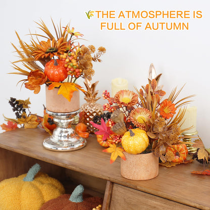 YINGQIWISH 2PCS Fall Decor, Artificial Maple Leaves Pumpkin Berry Table Decorations, for Home Autumn Harvest Halloween Thanksgiving Holiday Party Table Centerpieces Fireplace Decor.