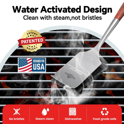 Bristle-Free Steam Cleaning Grill Brush Kit – Luxurious Long Rosewood Handle, Includes 1 Replacement Head – Safe BBQ Grill Cleaning for Outdoor Grill – Great Gift for Men/Dad