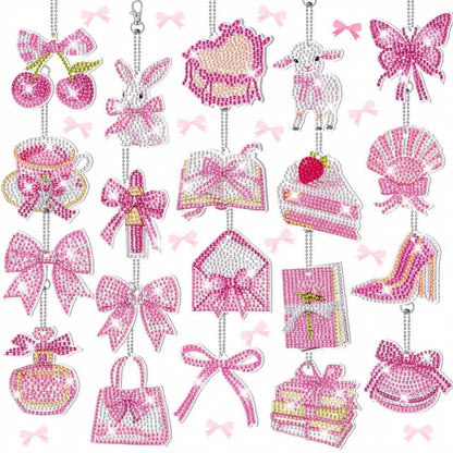 Aurelema 20 Pieces Pink Bow Diamond Painting Keychains Coquette Party Diamond Art Keychain 5d DIY Painting Art Kits for Women Crafts Party Decor
