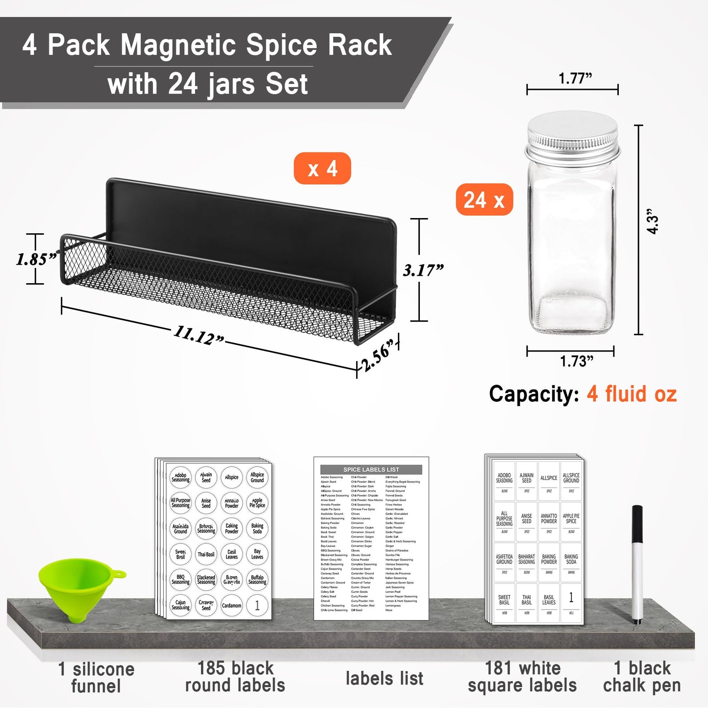 Churboro Magnetic Spice Rack for Refrigerator with Spice Jars- Includes 24 Pcs 4 OZ Seasoning Containers with Labels, 4 Space-Saving Magnetic Shelf for fridge- Perfect for Small Kitchens, Apartments