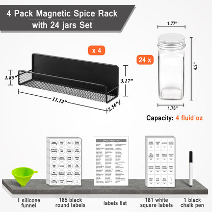 Churboro Magnetic Spice Rack for Refrigerator with Spice Jars- Includes 24 Pcs 4 OZ Seasoning Containers with Labels, 4 Space-Saving Magnetic Shelf for fridge- Perfect for Small Kitchens, Apartments