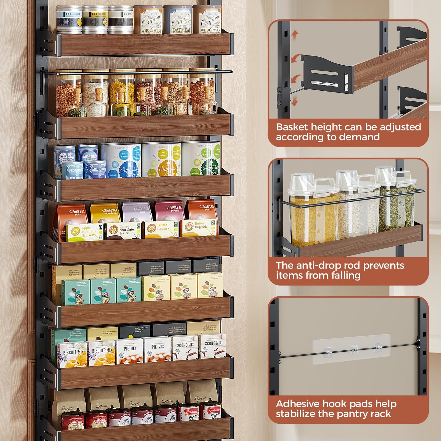Freexployer 8-Tier Spice Rack Wall Mount, Heavy-Duty Over the Door Pantry Organizer with Wooden Adjustable Basket, 2 IN 1 Wall Mount or Hanging Pantry Door Organizer,Door Spice Rack for Pantry, Black