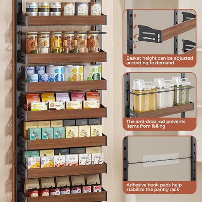 Freexployer 8-Tier Spice Rack Wall Mount, Heavy-Duty Over the Door Pantry Organizer with Wooden Adjustable Basket, 2 IN 1 Wall Mount or Hanging Pantry Door Organizer,Door Spice Rack for Pantry, Black