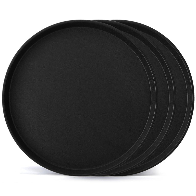 TOPZEA 3 Pack Large Restaurant Serving Tray, 18 Inch Plastic Black Round Server Tray, Non-Slip Rubber Lined Bar Drink Trays Cafeteria Buffet Food Service Trays for Coffee Table, Kitchen, Party