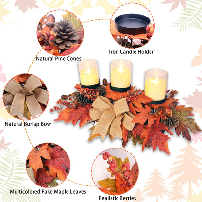 Fall Candle Holder Centerpiece with Maple Leaves, Pinecones, Berries & Burlap Bow,Thanksgiving Table Centerpiece Decoration for Dining Table, Mantel & Autumn Harvest Home Décor