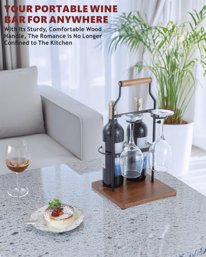 Ouseen Countertop Wine Rack and Glass Holder | Portable Wine Caddy Holds 2 Bottles & 2 Glasses | Small Wine Rack with Wood Base, Perfect for Tabletop Wine Storage & Home Bar Decor (Black)