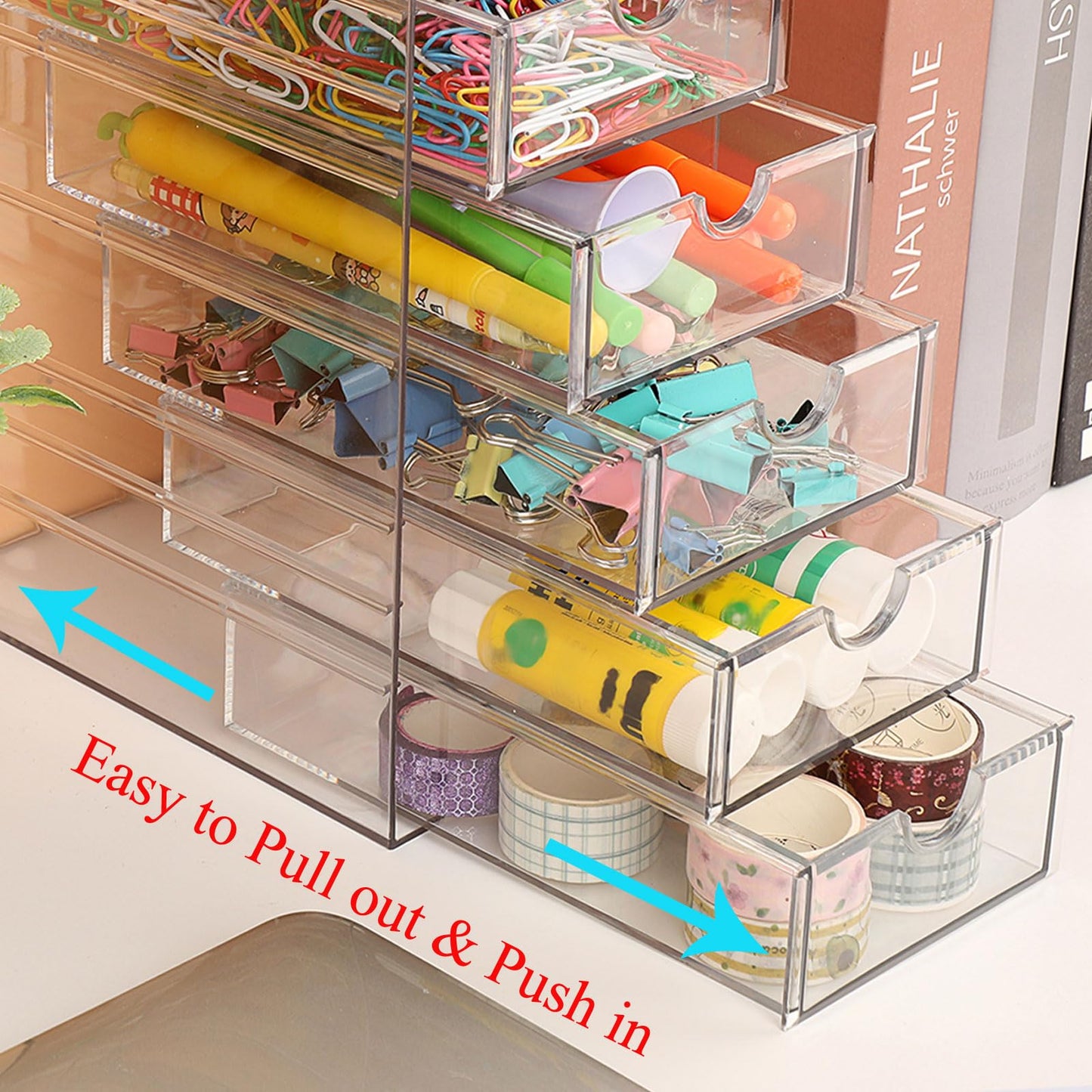 Hipiwe Plastic Drawer Organizer Clear Desktop Drawers Box with 6 Pull Out Drawer Compact Storage Box for Cabinet Vanity Bathroom Bedroom Pantry Shelf Office Closet Organization