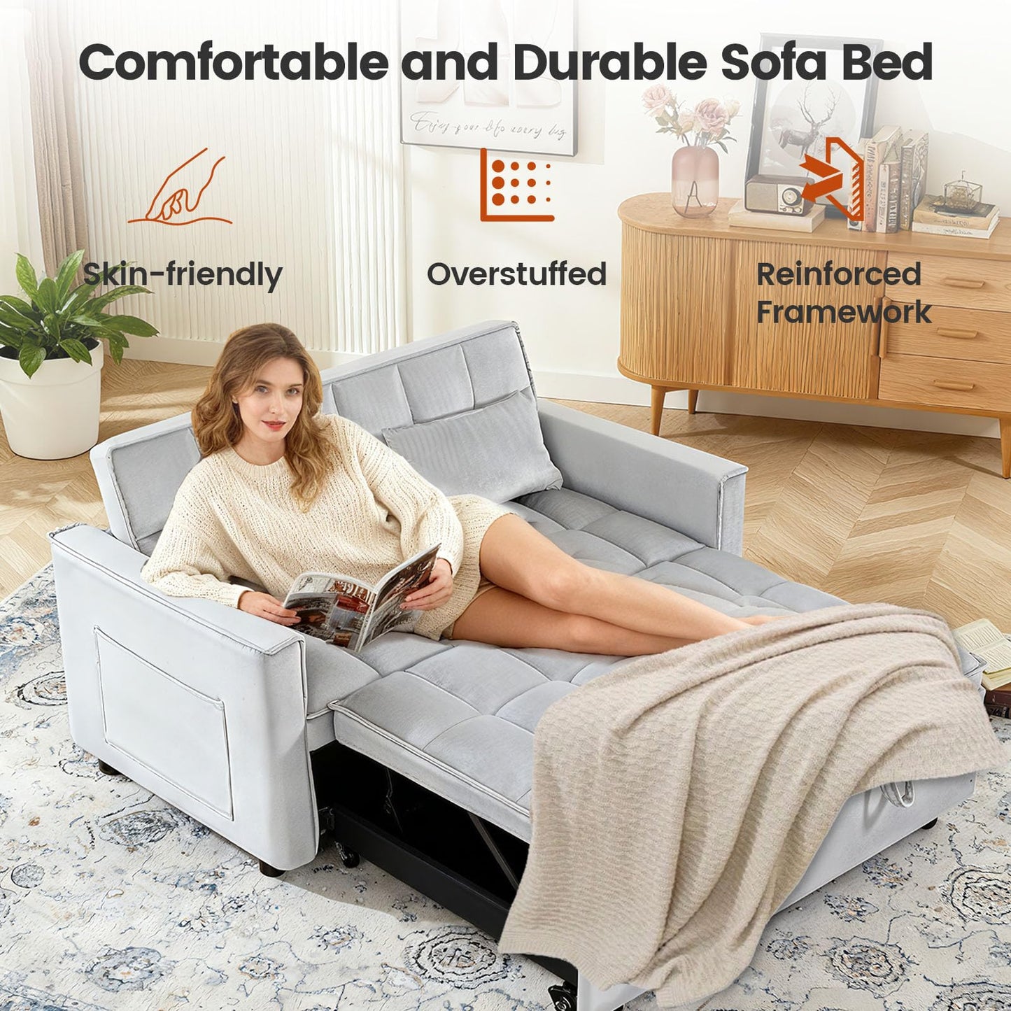 Trygoal Convertible Sofa Bed, Pull Out Couch with Side Pockets, 3 in 1 Velvet Fabric Loveseat Sleeper Sofa Bed, Pull Out Couch with Adjustable Backrest for Living Room, Bedroom, Apartment, Light Gray