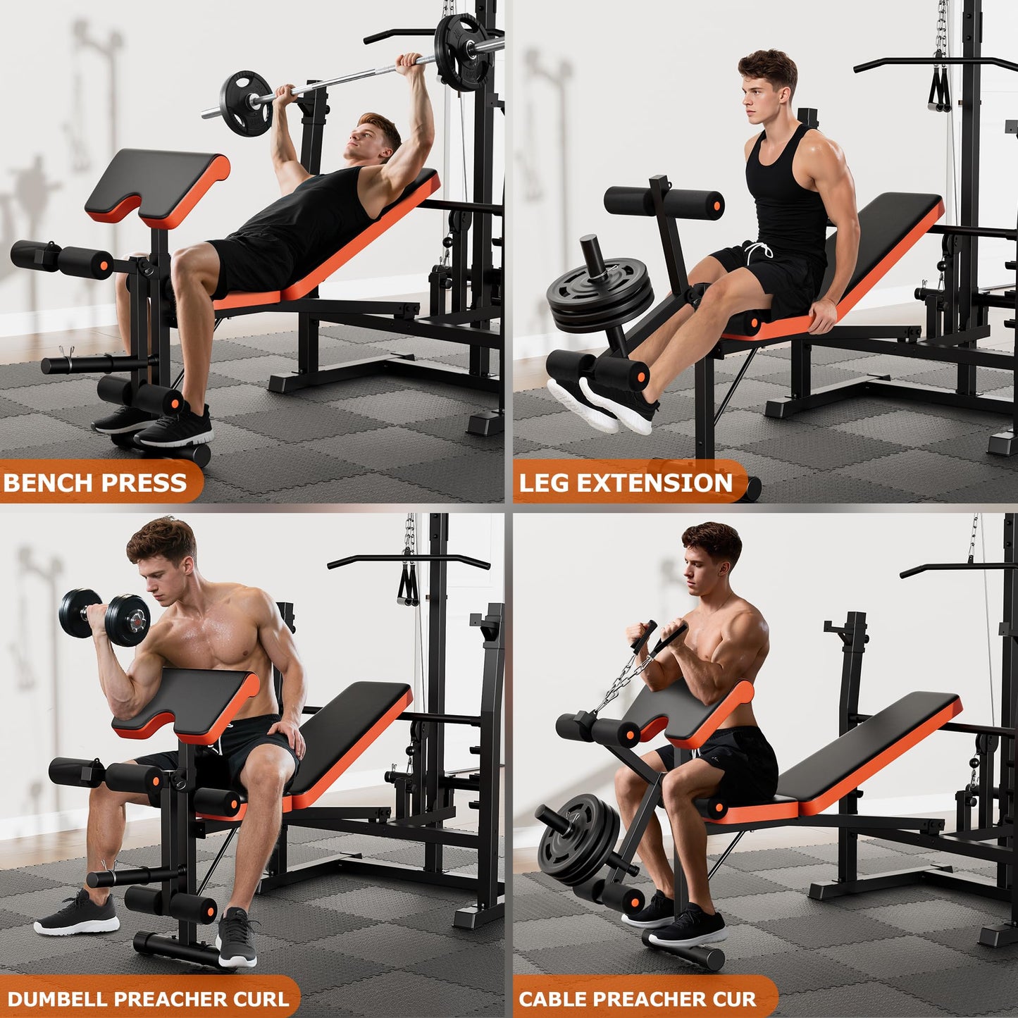 9-in-1 Adjustable Olympic Weight Bench with Lat Pulldown, Row, Squat Rack & Leg Curl – Multi-Function Strength Training Bench Press for Home Gym Full Body Workout (9 in1 Olympic Weight Bench)