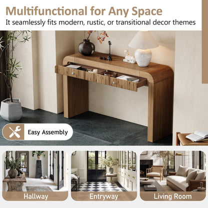 Merax Rustic Console Table with Fluted Drawer Front, Entryway Table with Curved Corners & Thick Legs, Sturdy Sofa Table for Hallway & Living Room, Natural