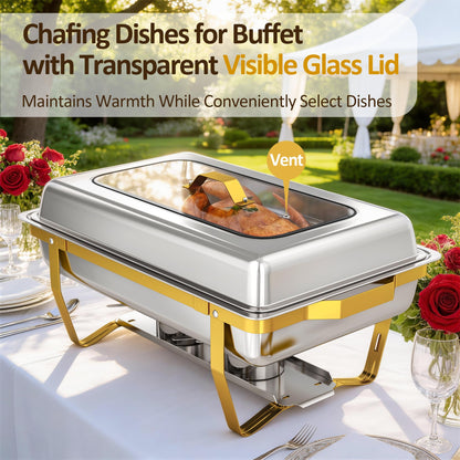 EffiQ-Rate Chafing Dishes for Buffet, 2-Pack Hot Cold Food Warmer with Glass Lid, 9QT Large Capacity Stainless Steel Buffet Servers, Complete Set with Utensils for Catering Party Wedding Outdoor