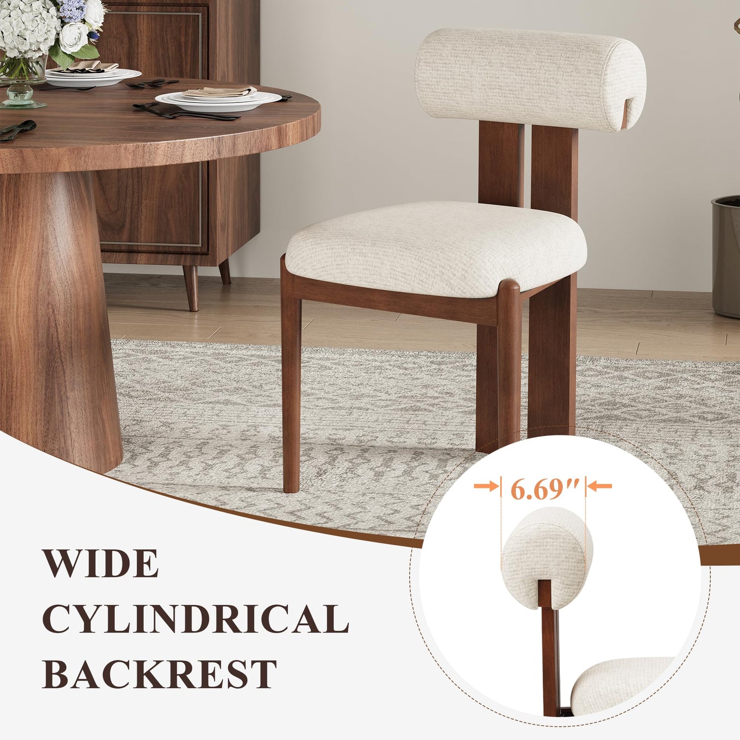 MALOL Modern Wooden Dining Chairs Set of 6, Upholstered Fabric Kitchen Chairs with Sculptural Backrest, Mid-Century Farmhouse Dining Room Chairs with Solid Wood Legs, Beige