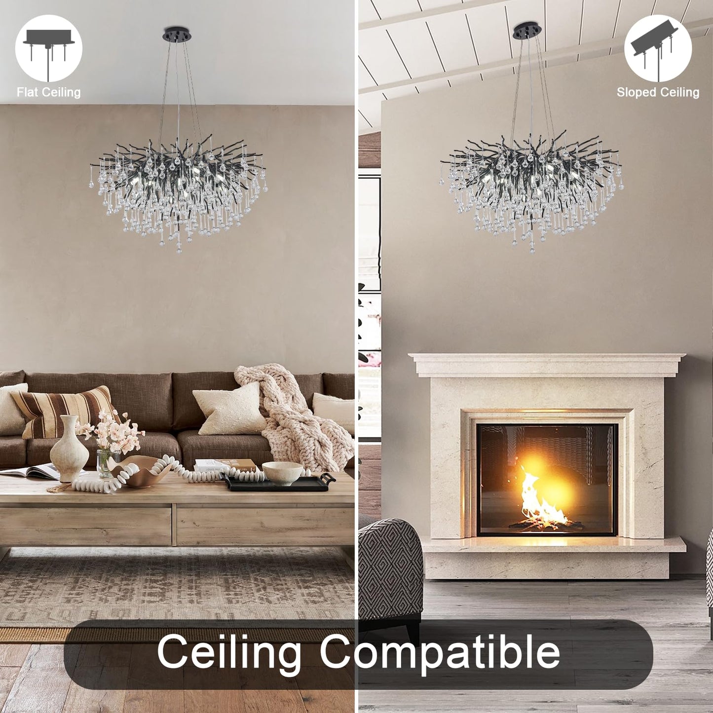 NIUZDU Chandeliers for Dining Room - 23.6" Modern Black Crystal Chandelier, Round Tree Branch Raindrop Chandelier, Foyer Chandeliers for Entryway, Living Room,Bedrooms,Bathroom(Bulb not Included)