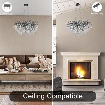 NIUZDU Chandeliers for Dining Room - 23.6" Modern Black Crystal Chandelier, Round Tree Branch Raindrop Chandelier, Foyer Chandeliers for Entryway, Living Room,Bedrooms,Bathroom(Bulb not Included)