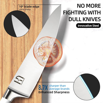 KnifeSaga Kitchen Knife Set Premium, Japanese High Carbon Stainless Steel 15 Pcs Enduring Ultra Sharp Knife Block Set with Sharpener and Wood Block, Professional White Chef Knives set for Kitchen