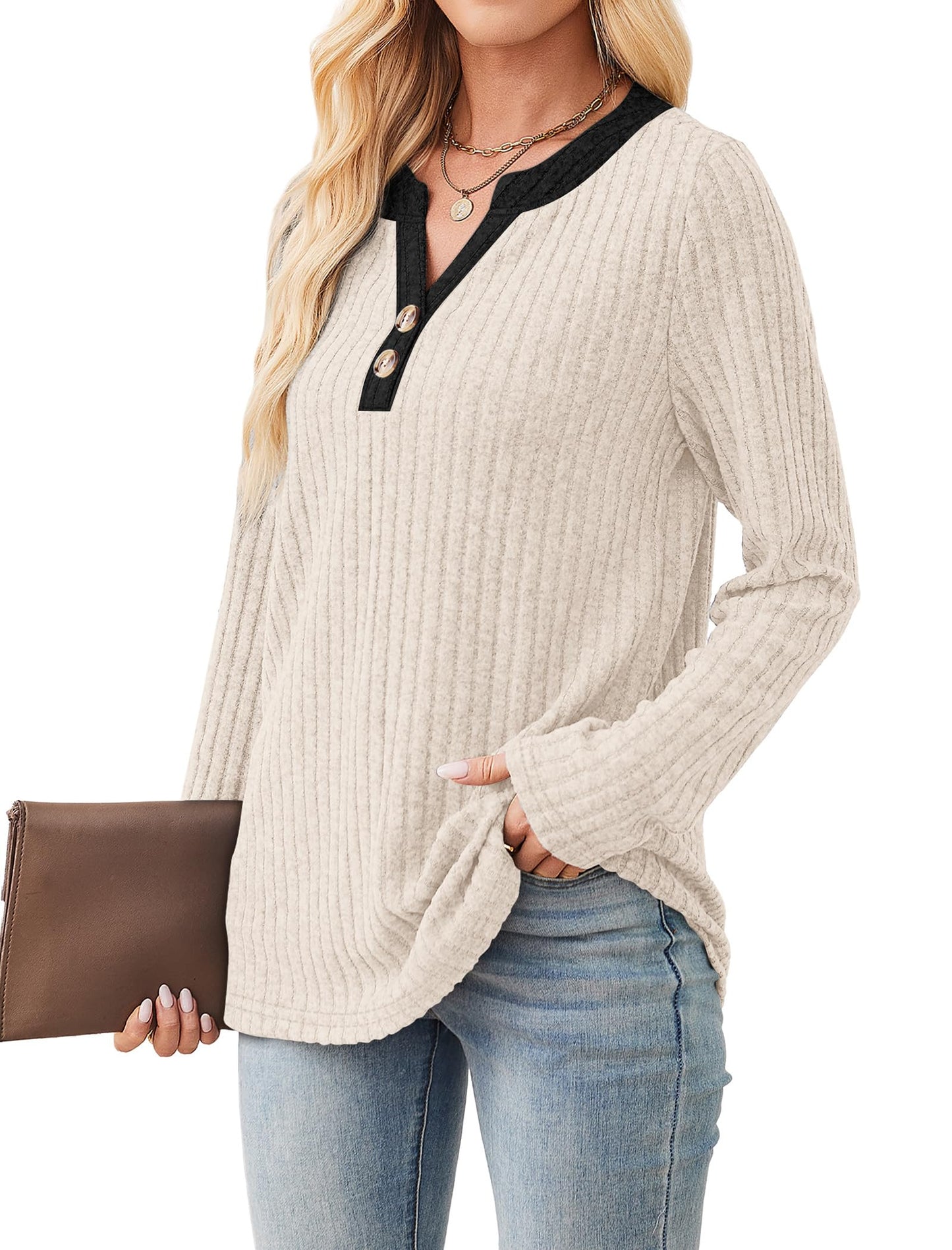 SAMPEEL Womens Sweaters Lightweight Long Sleeve Shirts V Neck Tops with Button Fall Outfits 2025
