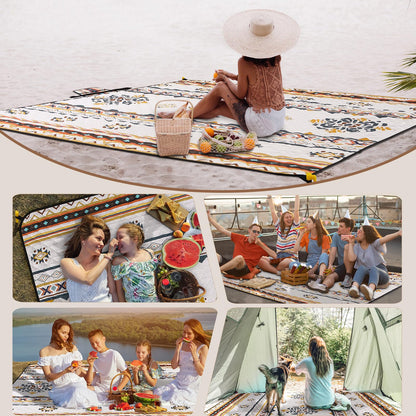 HAUSPROFI Extra Large Picnic Blanket 80"x80" – Waterproof Outdoor Mat for Beach, Camping, Park & Garden, Portable with Carry Strap & 4 Stakes, Machine Washable, Bohemian Pattern