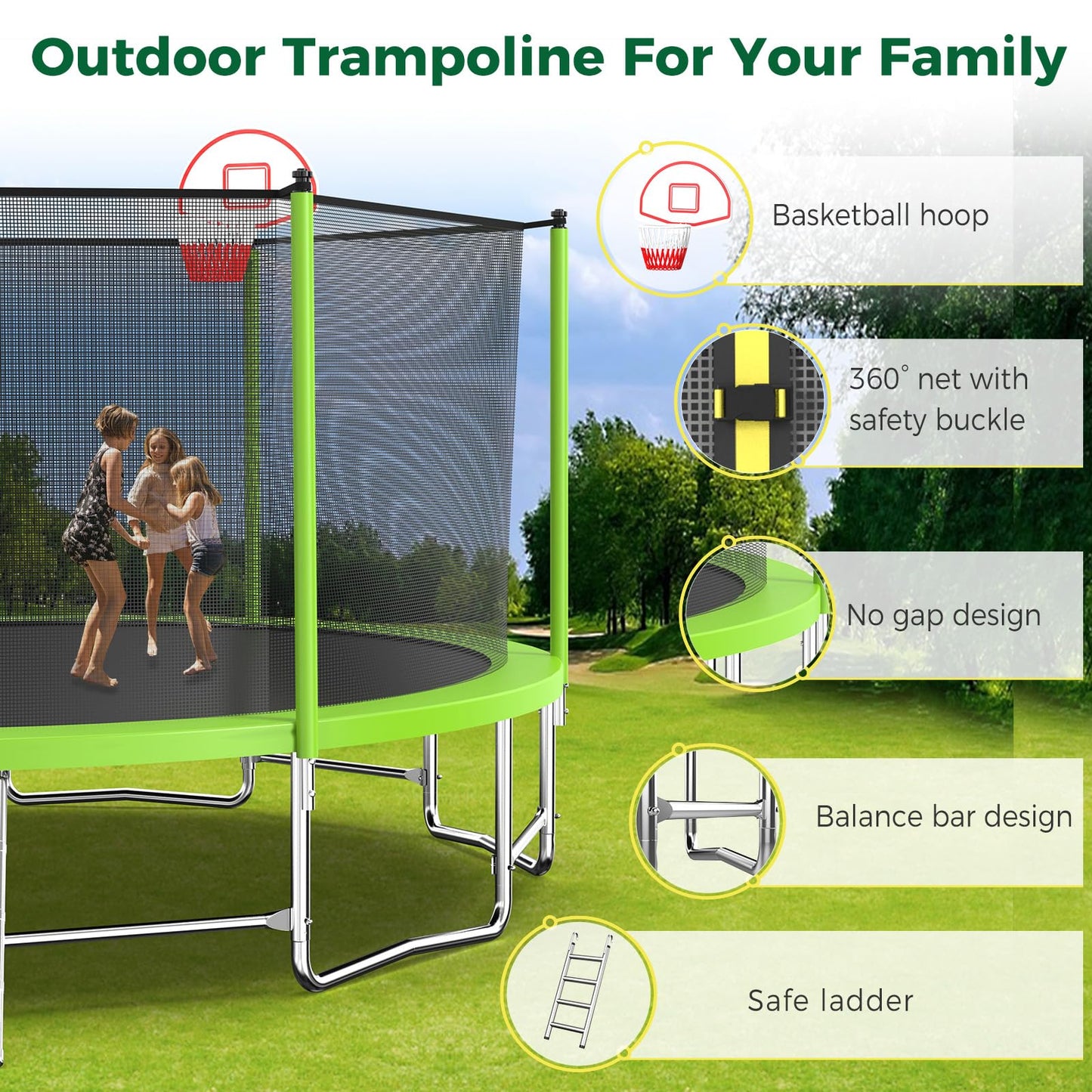 Tatub Upgrade 16FT Trampoline for Kids and Adults, Outdoor Recreational Trampolines with Basketball Hoop & Enclosure Net, Green