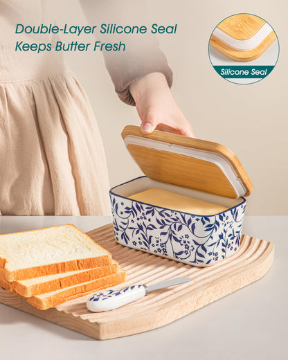 vancasso SELENE Butter Dish with Lid, 6.5" Large Butter Dish for Countertop, Ceramic Butter Keeper Container with Knife and Bamboo Lid, Delicate Floral Pattern