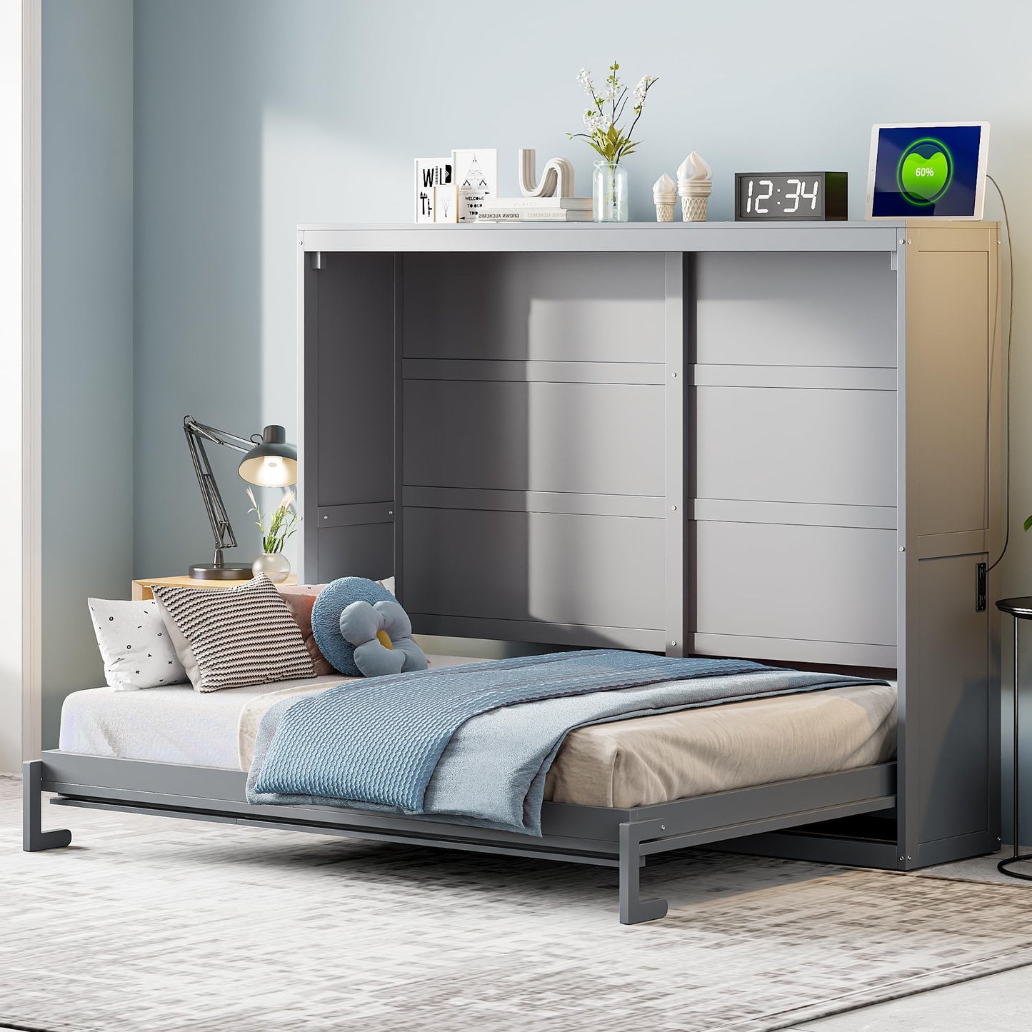 Ball & Cast Murphy Bed Full Size Wall Chest with Charging Station and Slat Support,Wood Hideaway Cabinet Platform Bedframe w/Leg,can be Folded,Space-Saving,for Small Room,Dorms,Gray