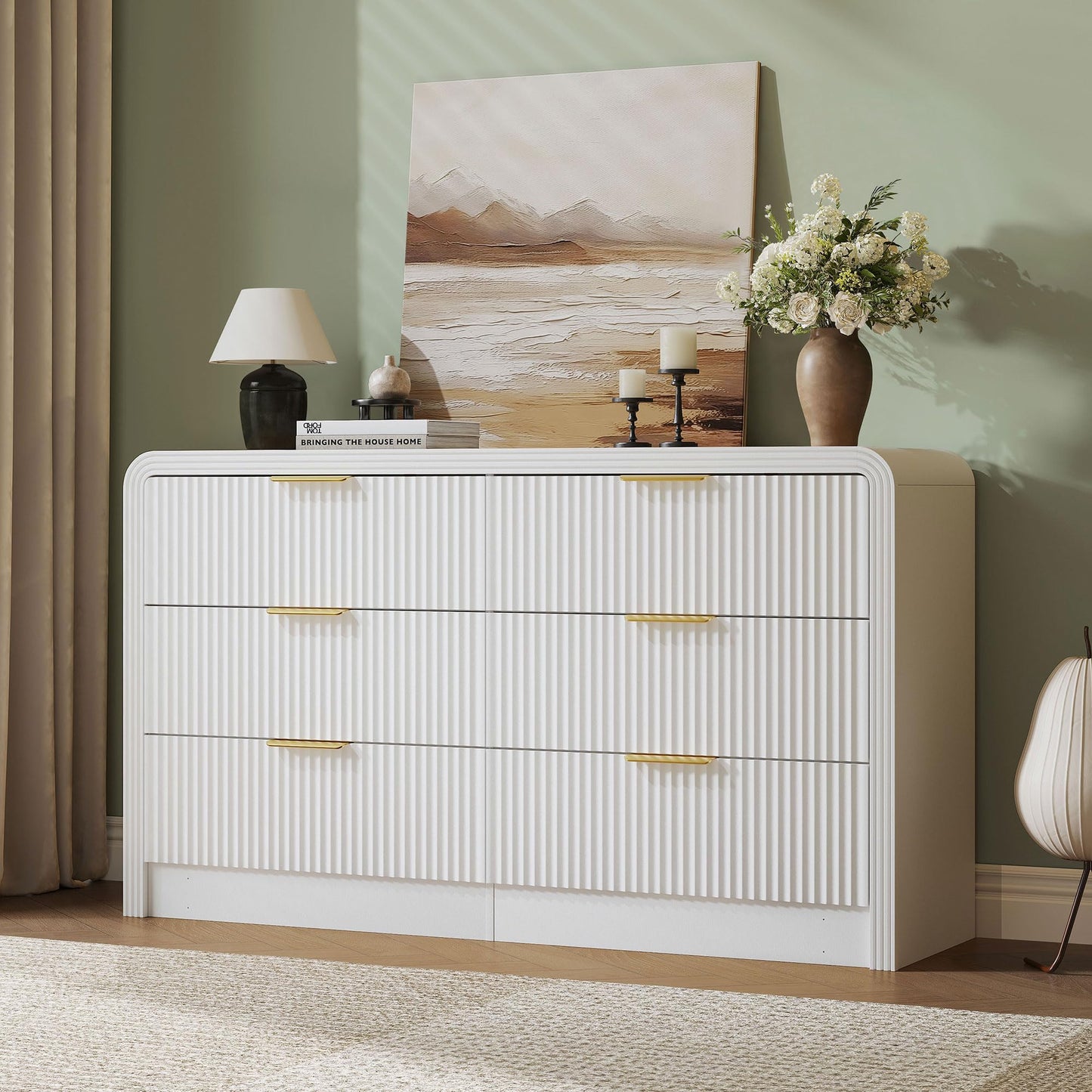 Decofy Fluted Drawers Dresser for Bedroom, Wood Dressers with Gold Handles, Modern Dressers with Wave Texture, Large Storage Chest of Drawers, Bedroom Dresser Organizer 55'' & 6 Drawers (Pure White)