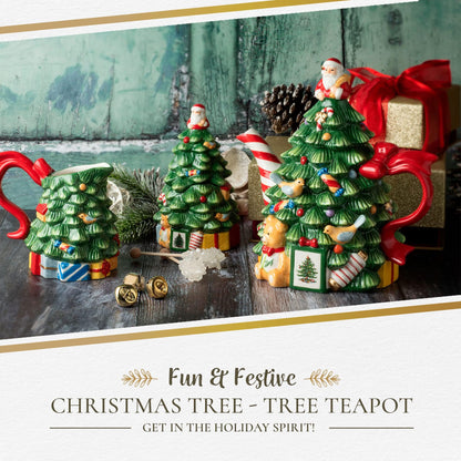 Spode Christmas Tree Figural Teapot - Festive 27 oz Christmas Teapot with Mistletoe Accents, Peppermint Stripe Spout, and Ribbon Handle - Decorative Dolomite Tea Pot for Holiday Tea Parties