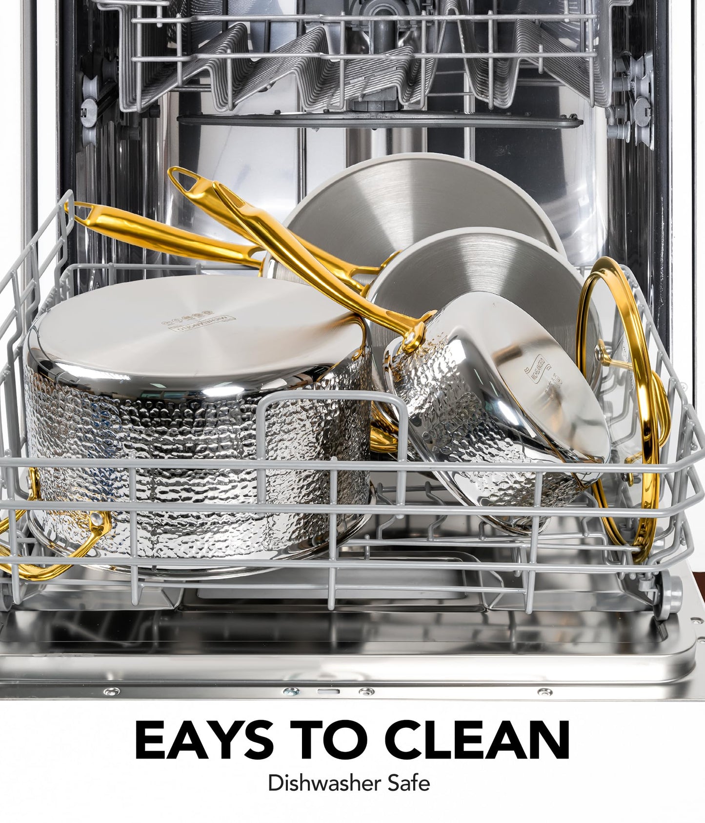 Michelangelo Triply Stainless Steel Pots and Pans Set, 10-Piece Hammered Stainless Steel Cookware Set with Golden Handle, Premium Induction Kitchen Cookware, Oven Safe