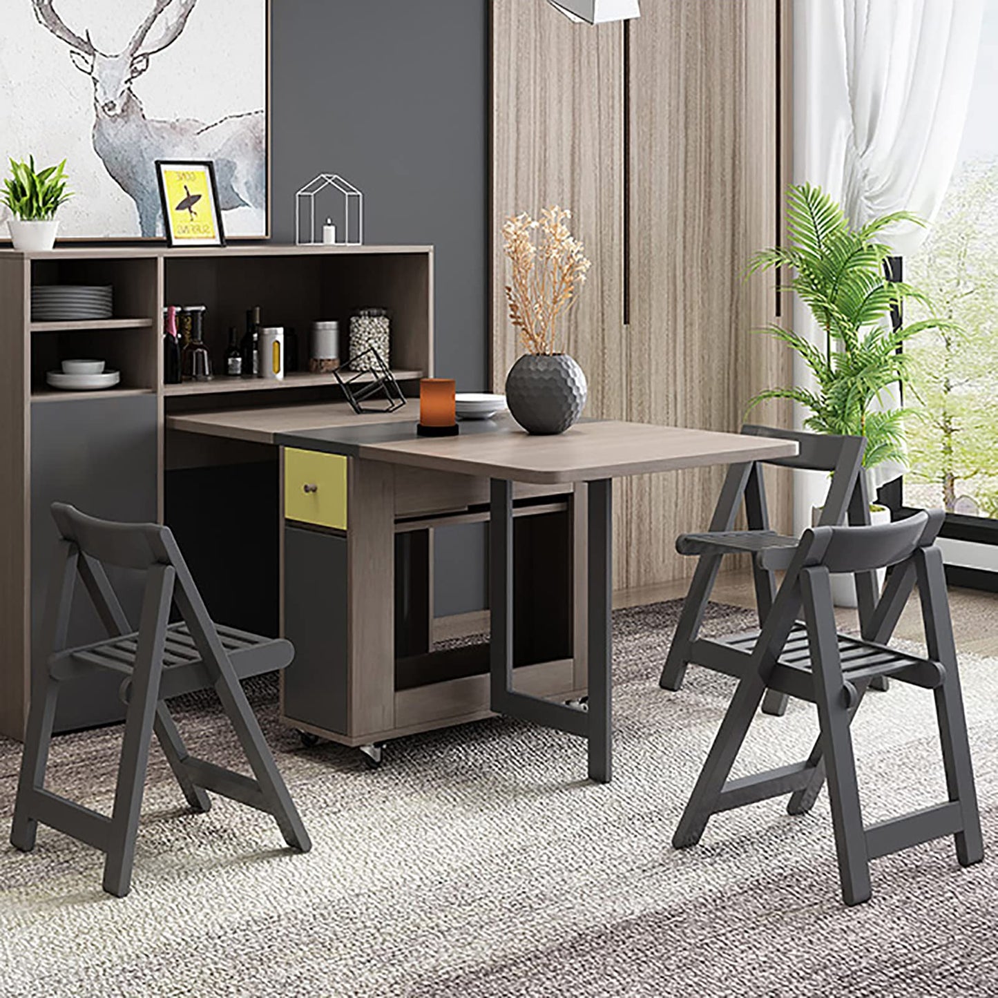 FUNROLUX Folding Dining Table with Storage Rack and 2 Drawers, Movable Kitchen Table Extendable Versatile Table Space Saving Foldable in 3 Forms (Grey)