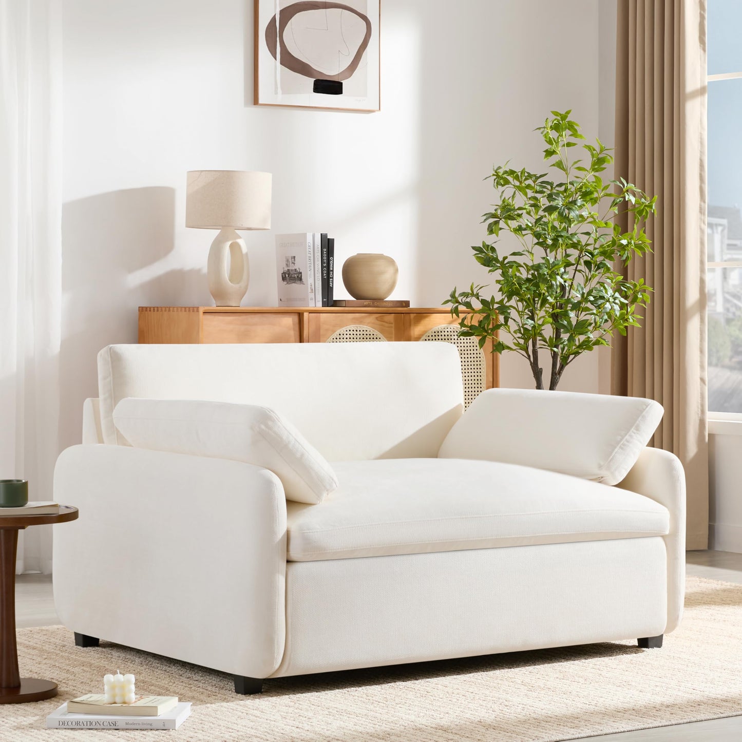 Merax 50 x 43 Oversized Chenille Single Sofa Chair,Wide and Deep Seat Accent Chair,Modern Upholstered Comfy Couch with Pillows for Living Room,Apartment,Bedroom,Cream