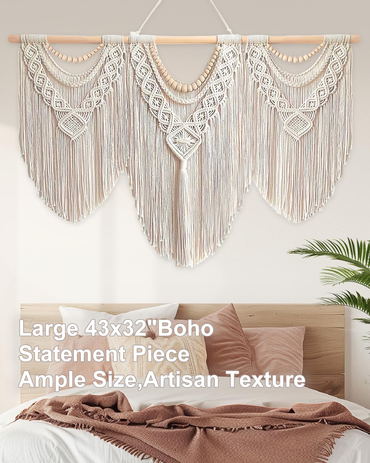 Gliterra Large Macrame Wall Hanging Handmade Boho Tapestry 43"x32" - Wall Art Decor for Living Room, Bedroom, Wedding (beige)