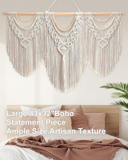 Gliterra Large Macrame Wall Hanging Handmade Boho Tapestry 43"x32" - Wall Art Decor for Living Room, Bedroom, Wedding (beige)