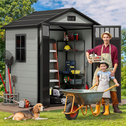 DWVO 6x4.4 FT Resin Storage Shed with Fence-Style and Side Windows, Lockable Door, and Vents for Garden, Backyard, Patio, Lawn, Blue-Gray