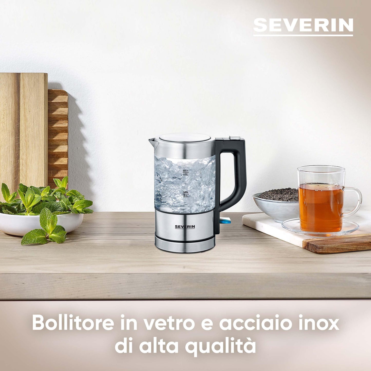 SEVERIN Mini Glass Kettle 0.5 L, Powerful and Compact in High-Quality Design, Electric Kettle with Limescale Filter, Stainless Steel/Black, WK 3472