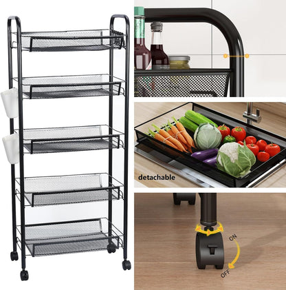 5 360 41 Inch Fruit Vegetable Basket Storage Cart Tier Snack Cart Stackable Metal Mesh Vegetable Organizer with Degree