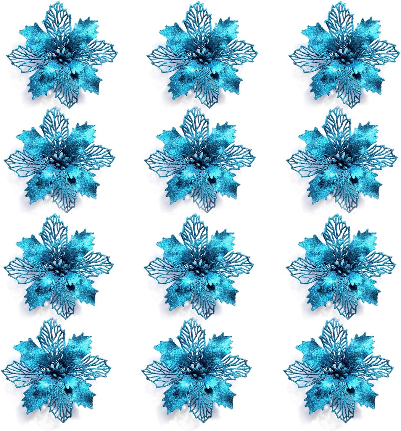 GL-Turelifes 12 Pieces 6.3’’ Glitter Christmas Flowers - Lake Blue Poinsettia Artificial Flower for Wreath and Tree