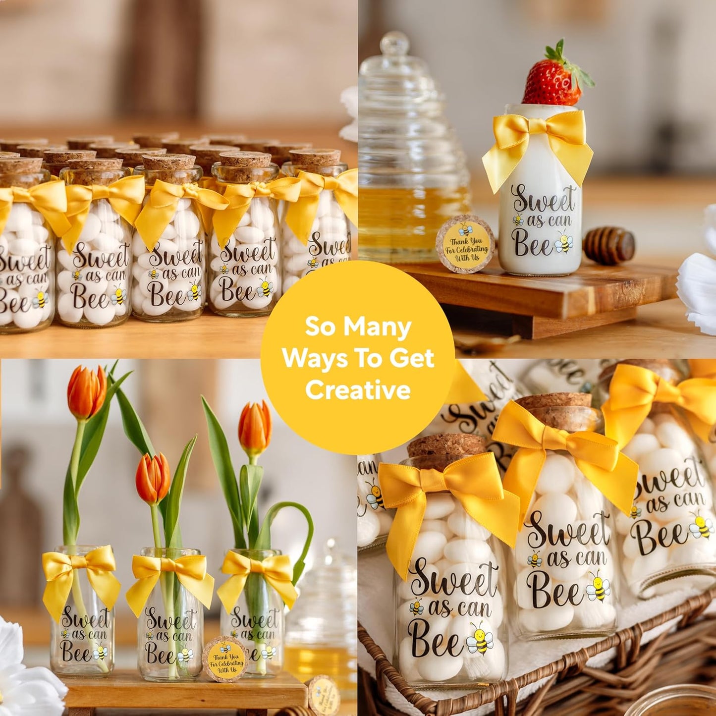 12 Pack Ethisa Vintage Bee Party Favor Glass Bottles with Ribbons and Stickers - Classy Baby Shower and Birthday