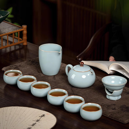 10 Pcs, Top Ceramic China Tea Set, Bone China Tea Cups Set, Fine China, Teacup, Chinese Gifts (Grayish green)