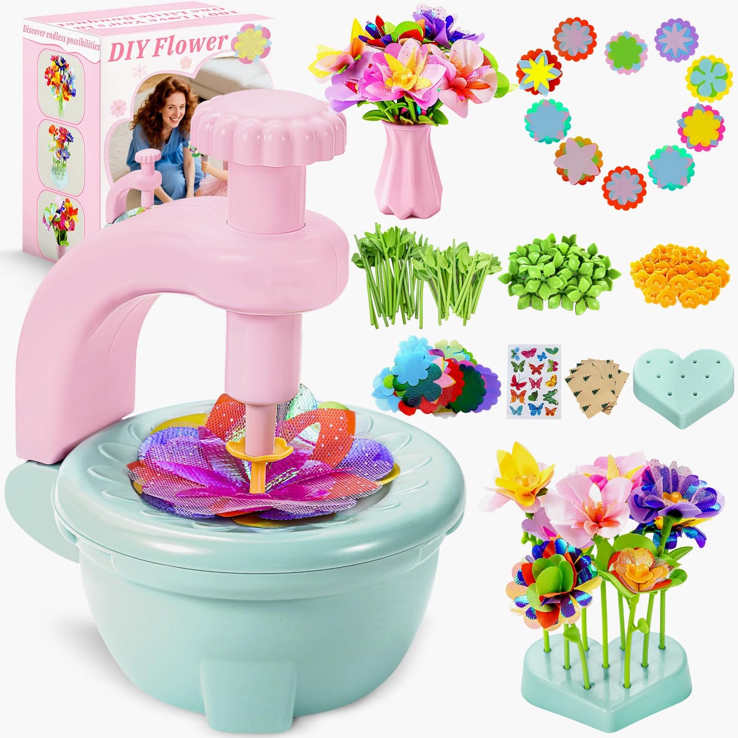 Loshuer Fabric Flower Bouquets Toys, Flower Making Kit for Kids Ages 3+, DIY Arts and Crafts Activity for Preschool Toddlers, Screen-Free Craft Gifts for Girls, Home Classroom Craft Play