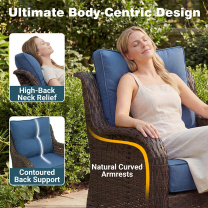 SAILARY Patio Furniture Set, 3PCS Outdoor Wicker Conversation Set Porch Furniture with 6" Thick Cushions, High Back Swivel Chairs, Weather Resistant Olefin Fabric for Garden, Poolside, Navy Blue