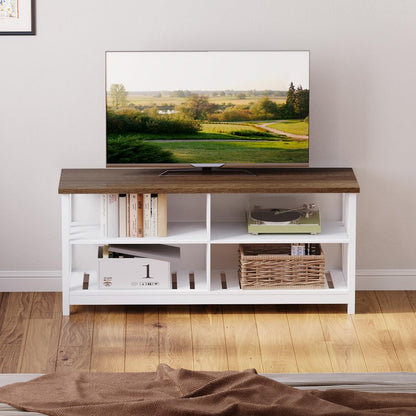 ChooChoo Farmhouse TV Stand for TVs up to 60 Inch, Modern Entertainment Center with 4 Open Shelves & Built-in Cable Holes, Media TV Console for Living Room, Bedroom, White