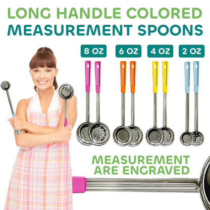 Portion Control Serving Spoons - (8 Piece Set) Restaurant Measuring Serving Ladle Utensils for Weight Loss, Bariatric Gastric Sleeve, Includes 2, 4, 6, 8 oz Solid & Perforated Scoops, 14-1/4" Long