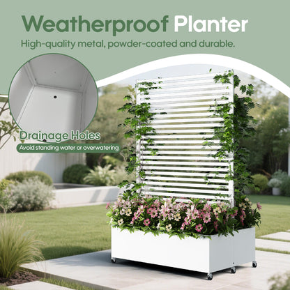 Sunnibety Double Metal Planter Box with Trellis Privacy Screen, Raised Garden Bed with Trellis & Wheels, Planter Box Outdoor with Drainage Holes for Climbing Plants, Vines,73"x 47"x 30", White