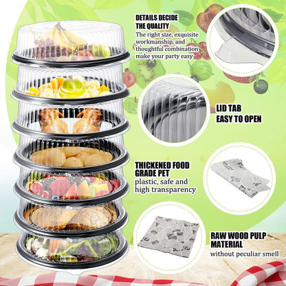 Tessco for you 12 Pack Heavy Duty Repeatedly Plastic Serving Tray with Lid and 24 Pcs Deli Wax Paper Sheets Sets Large Party Platters with Clear Lids Stackable Round Food Serving Trays (Black,16inch)