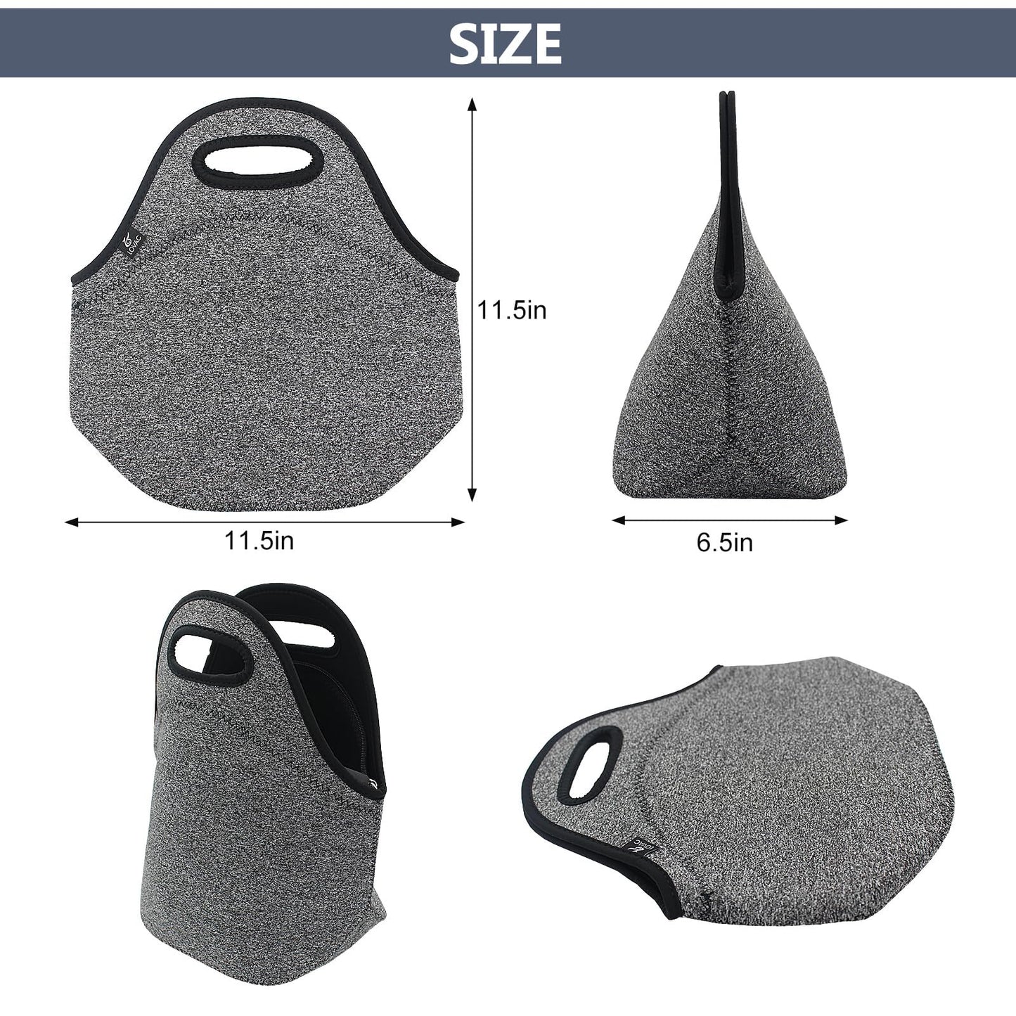 LOVAC Insulated Neoprene Lunch Bag for Men,Reusable Lunch Tote,Durable and Waterproof Lunch Bags,Soft and Lightweight (Black-Grey)