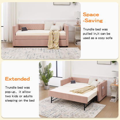 DNYN Velvet Daybed with Pop-up Trundle and USB Ports for Bedroom/Guest/Living Room, Space-Saving Twin Size Bed Frame with Side Pockets and V-Grained Backrest Design, No Box Spring Needed