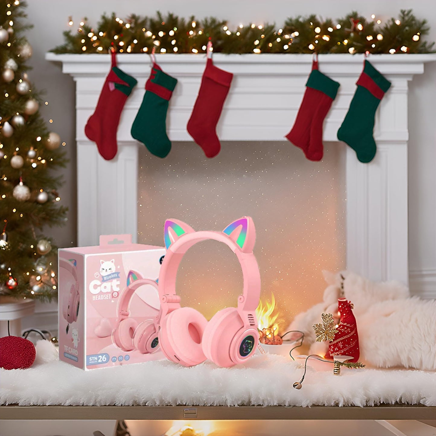 YUSONIC Cat Ear Bluetooth Headphones for Kids & Adults, Wireless Foldable & Wired Multi-Function LED Light Up Over Ear Headphones with Mic and Volume Control for iPhone/iPad/Laptop/PC (Pink 2)