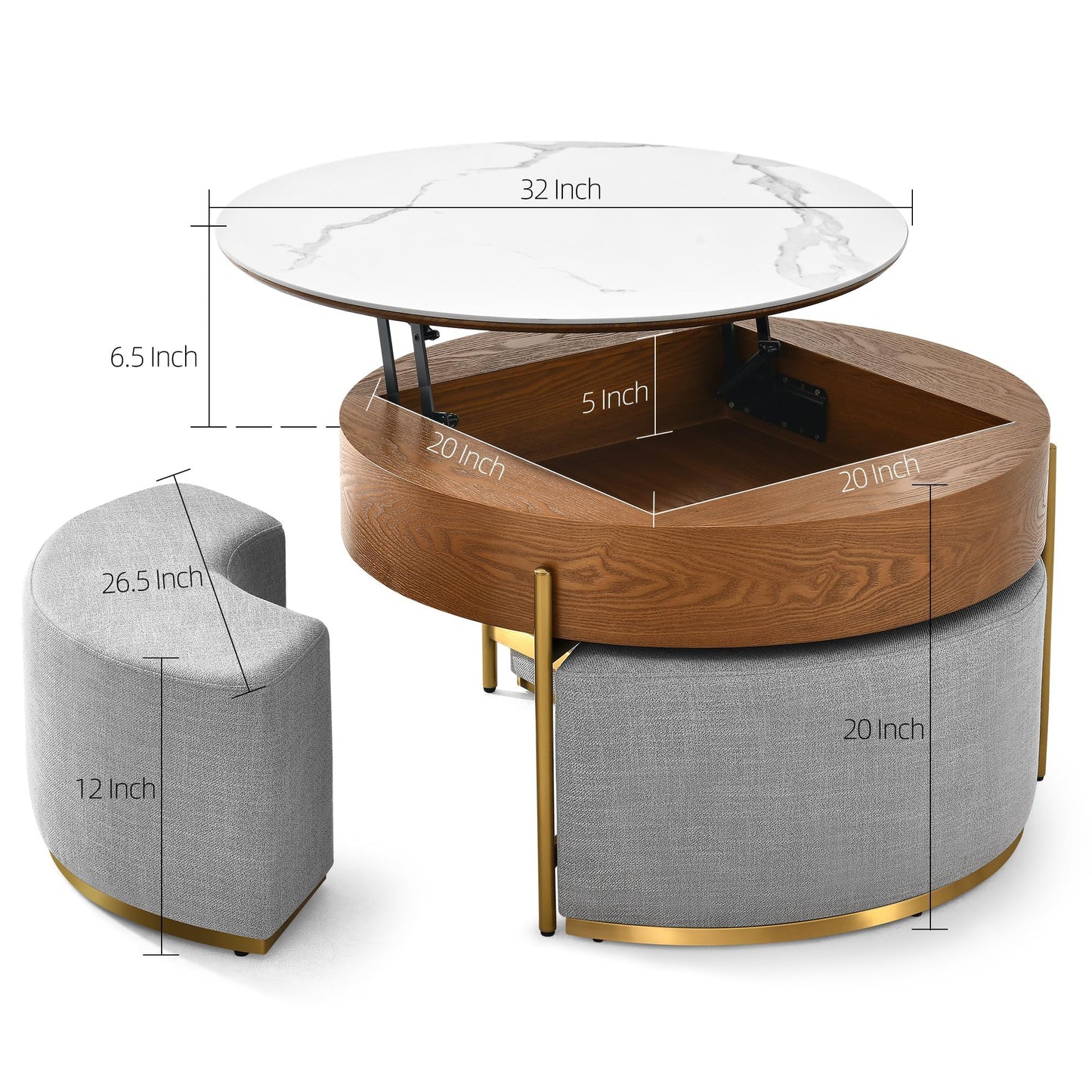 YITAHOME 32" L Round Marbling Pattern Slate Coffee Table with Storage 3 Stools Wood Rustic Boho Lift Top Coffee Table Set for Living Room